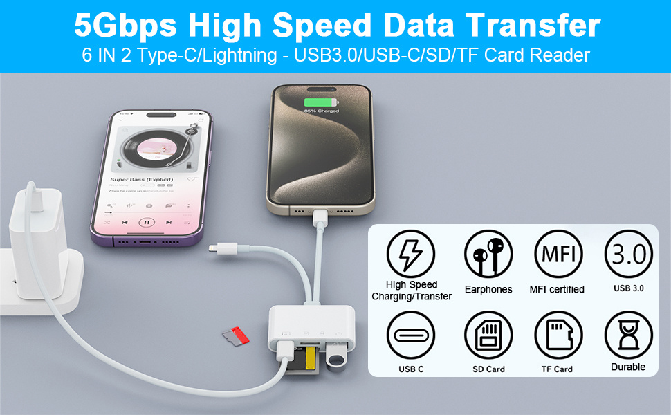 Adaptor NK-104 Pro 4 în 1 cu cititor de carduri - slot pentru card SD / TF / USB-C / USB-A la USB-C / Lightning - alb