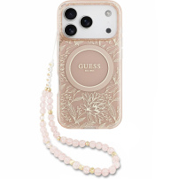 Husă Guess IML Flowers Allover Strap cu șnur și MagSafe pentru iPhone 17 Pro - roz