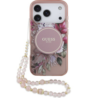 Husă Guess IML Flowers Strap cu curea și MagSafe pentru iPhone 17 Pro Max - roz