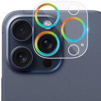 Folie de sticlă securizată cu rame metalice pentru protec?ia obiectivului camerei pentru iPhone 15 Pro / 15 Pro Max - culoare curcubeu