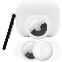 Set 3în1 husă din silicon și folie de protecție față și spate pentru AirPods Pro 3 / AirTag 1 / 2 - alb