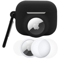 Set 3 în 1 de husă din silicon și folie de protecție pentru partea din față și din spate pentru AirPods Pro 3 / AirTag 1 / 2 - negru