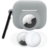 Set 3 în 1 husă din silicon și folie de protecție pentru partea din față și din spate pentru AirPods Pro 3 / AirTag 1 / 2 - gri