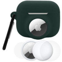 Set 3 în 1 husă din silicon și folie de protecție pentru partea din față și din spate pentru AirPods Pro 3 / AirTag 1 / 2 - verde închis