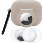 Set 3 în 1 husă din silicon și folie de protecție față și spate pentru AirPods Pro 3 / AirTag 1 / 2 - bej