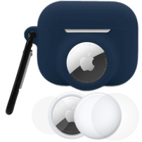 Set 3 în 1 husă din silicon și folie de protecție față și spate pentru AirPods Pro 3 / AirTag 1 / 2 - albastru închis