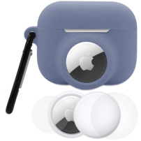 Set 3 în 1 husă din silicon și folie de protecție pentru partea din față și din spate pentru AirPods Pro 3 / AirTag 1 / 2 - albastru-gri