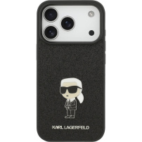 Karl Lagerfeld Ikonik husă metalică cu sclipici fixat pentru iPhone 17 Pro Max - negru
