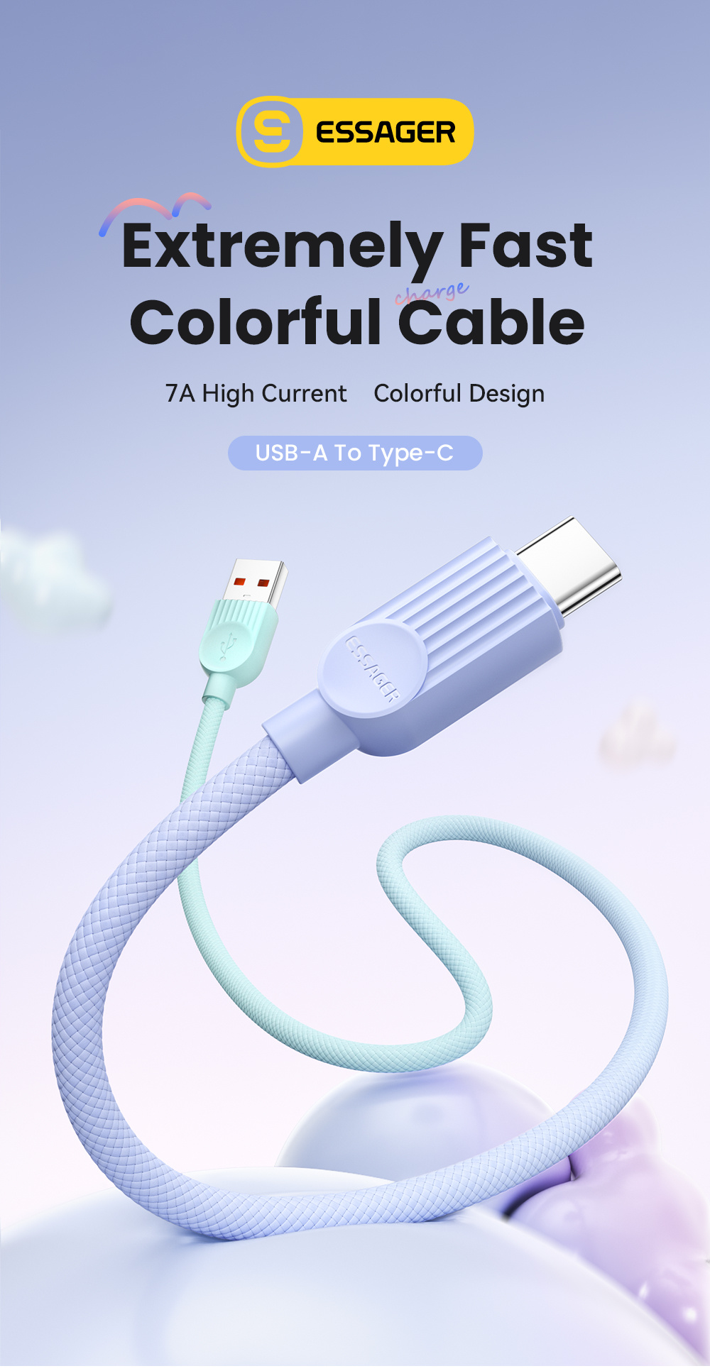 ESSAGER ES-X73 cablu de date și încărcare împletit - USB-A la USB-C - 25 cm - mov mentă