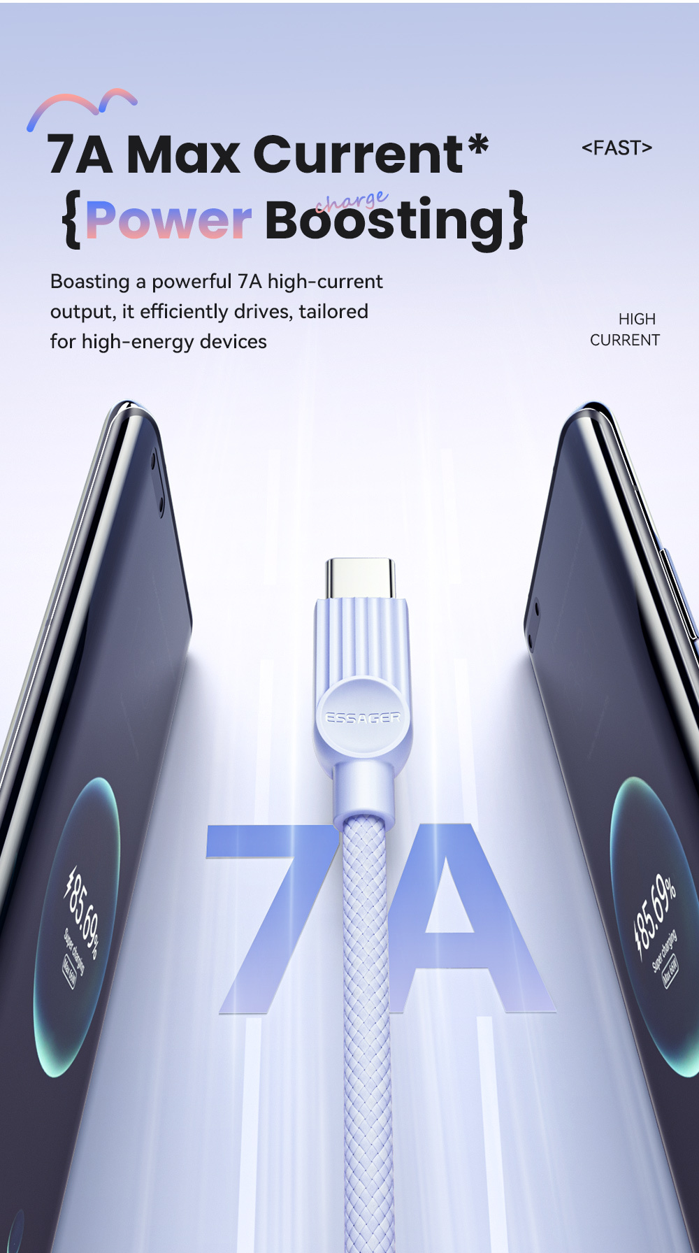 ESSAGER ES-X73 cablu de date și încărcare împletit - USB-A la USB-C - 25 cm - mov mentă