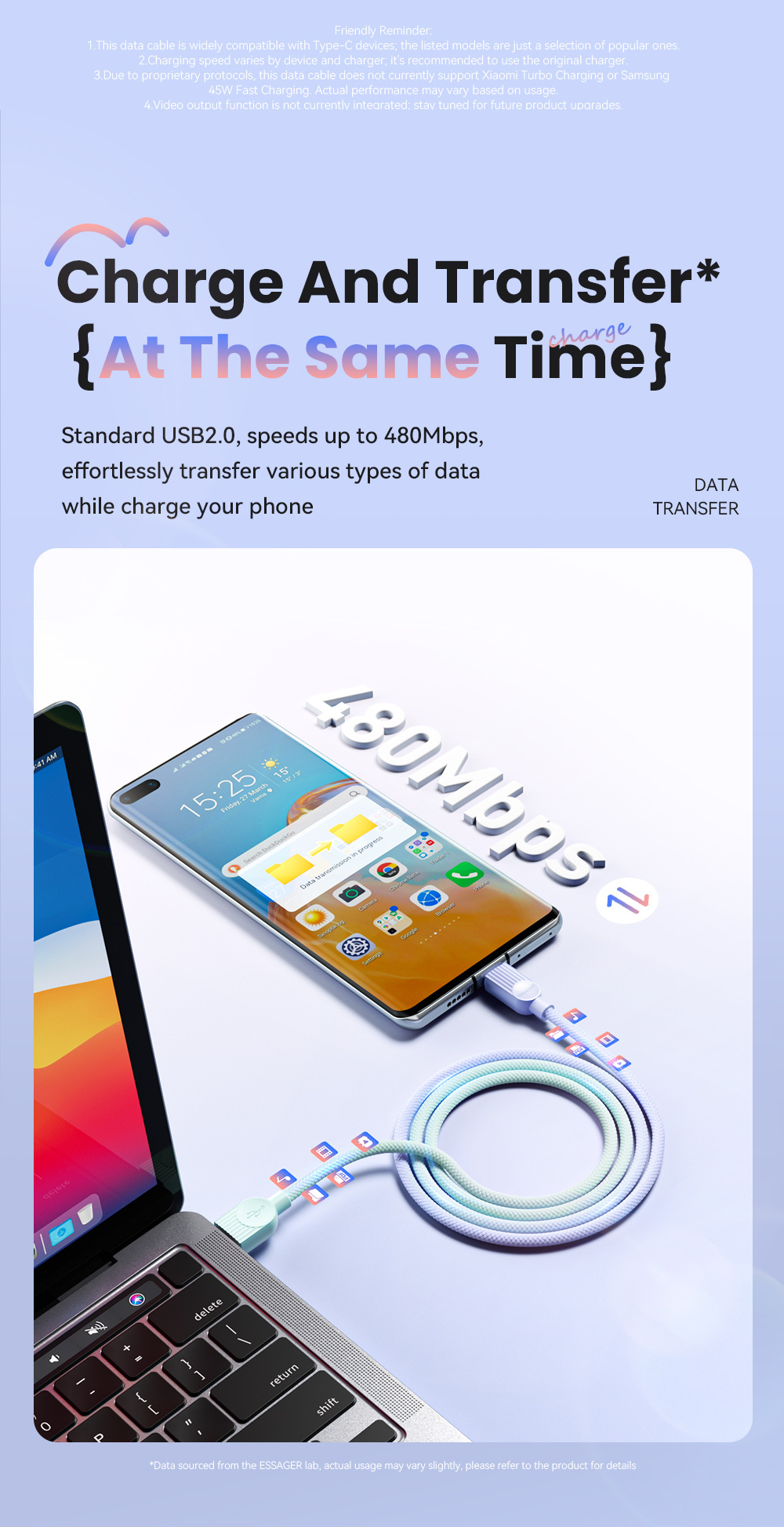 ESSAGER ES-X73 cablu de date și încărcare împletit - USB-A la USB-C - 25 cm - mov mentă