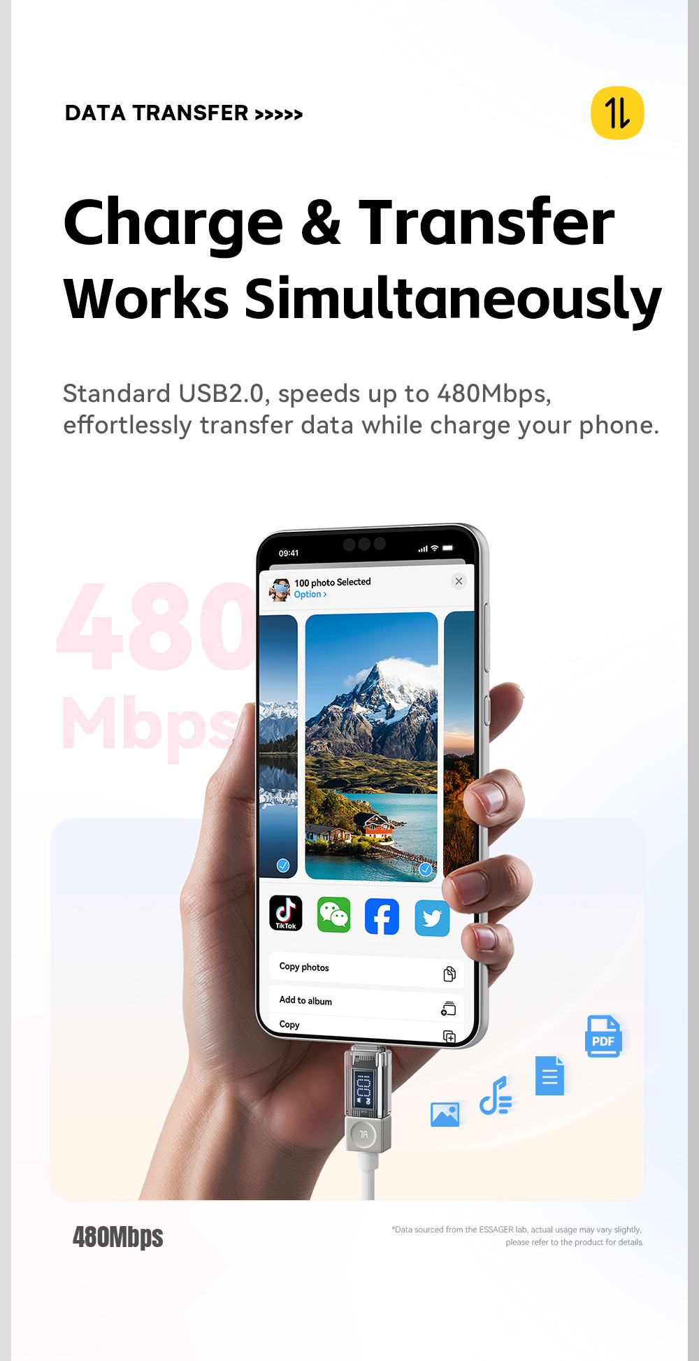 Cablu de încărcare și date împletit ESSAGER Crystal Clear - USB-C la USB-C - 2 m - roz