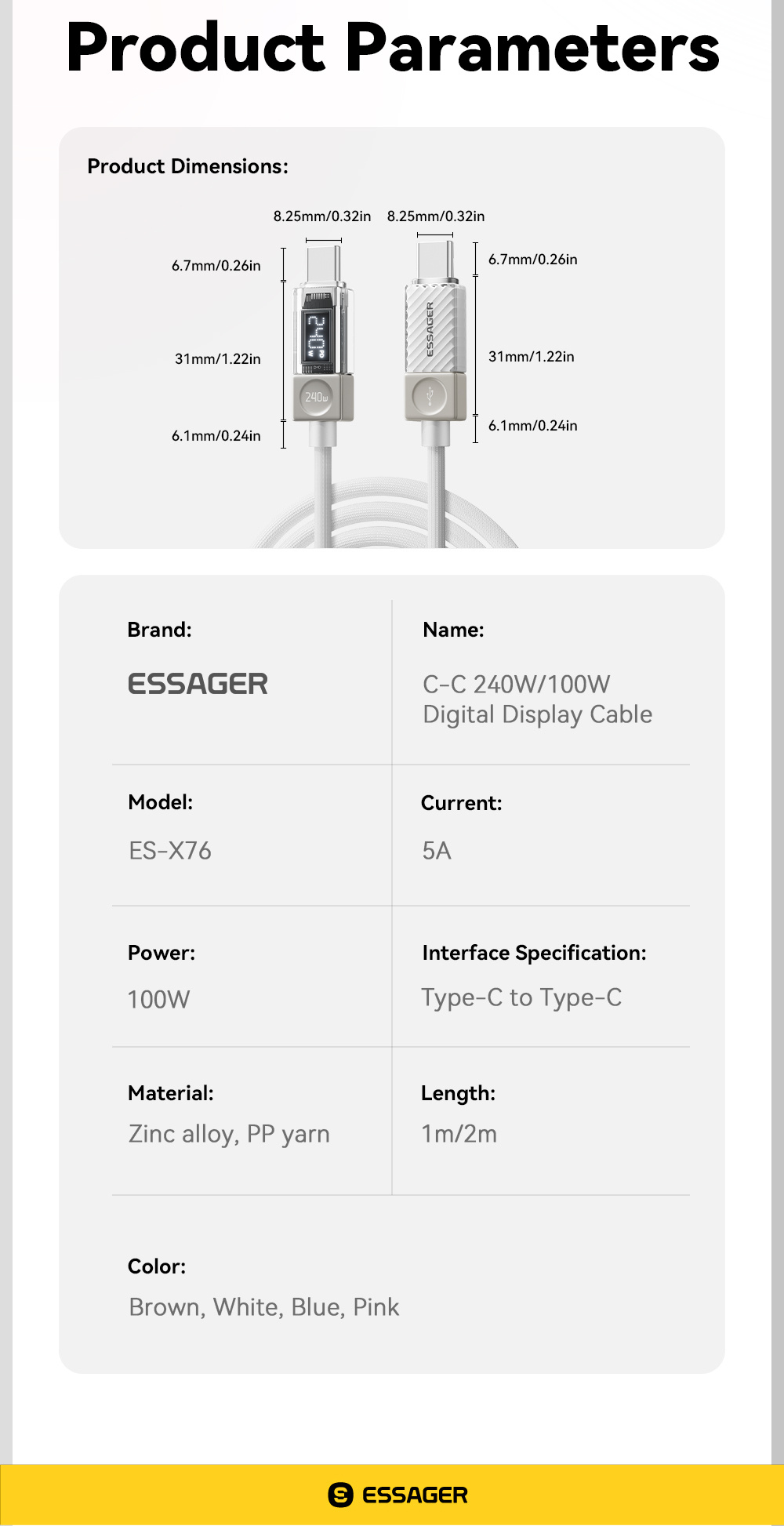 Cablu de încărcare și date împletit ESSAGER Crystal Clear - USB-C la USB-C - 2 m - roz Cablu de încărcare și date împletit ESSAGER Crystal Clear - USB-C la USB-C - 2 m - roz