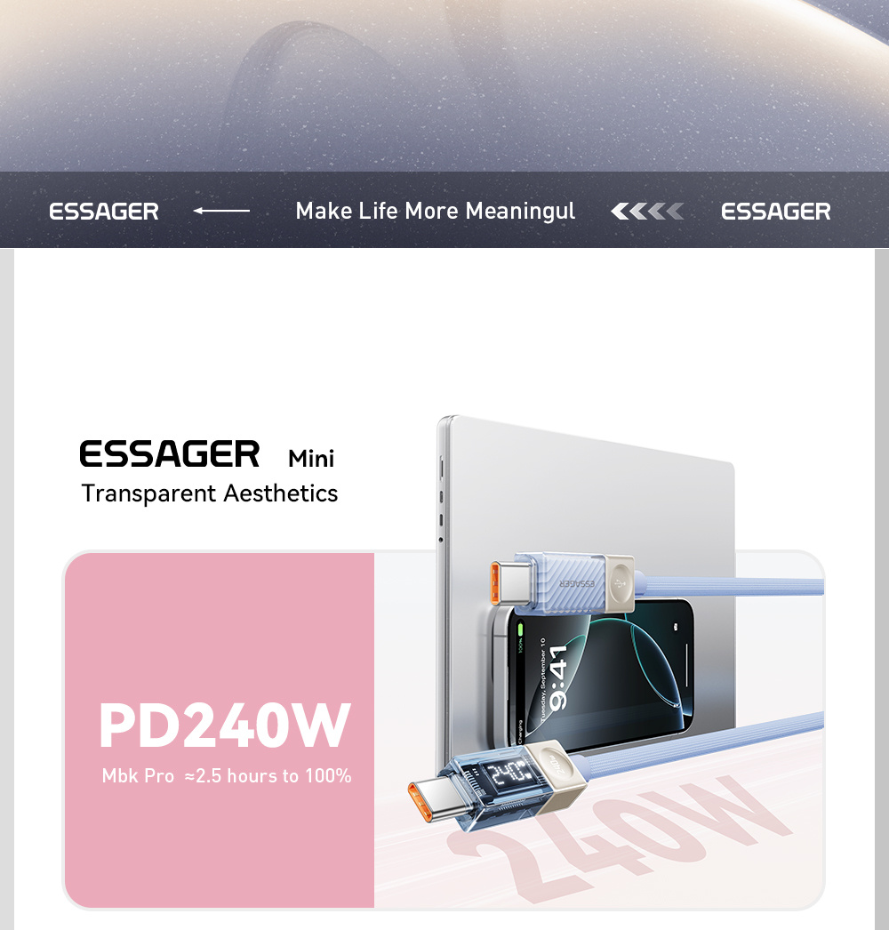 ESSAGER Crystal Clear împletit încărcare și date cablu - USB-C la USB-C - 1 m - roz