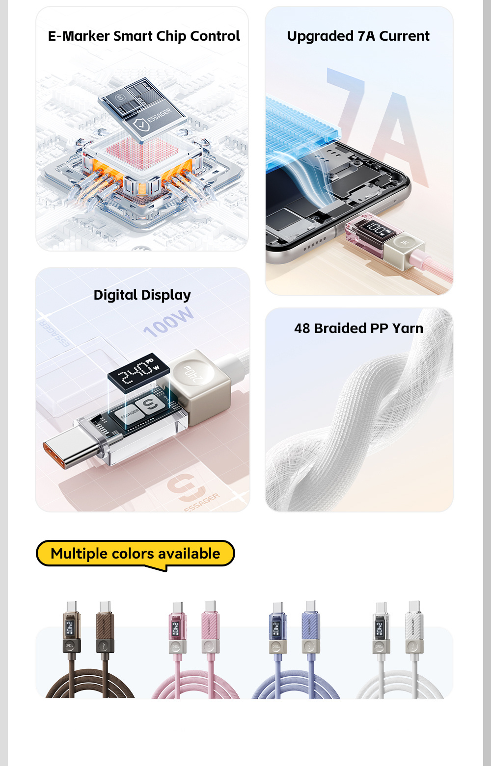 ESSAGER Crystal Clear împletit încărcare și date cablu - USB-C la USB-C - 1 m - roz