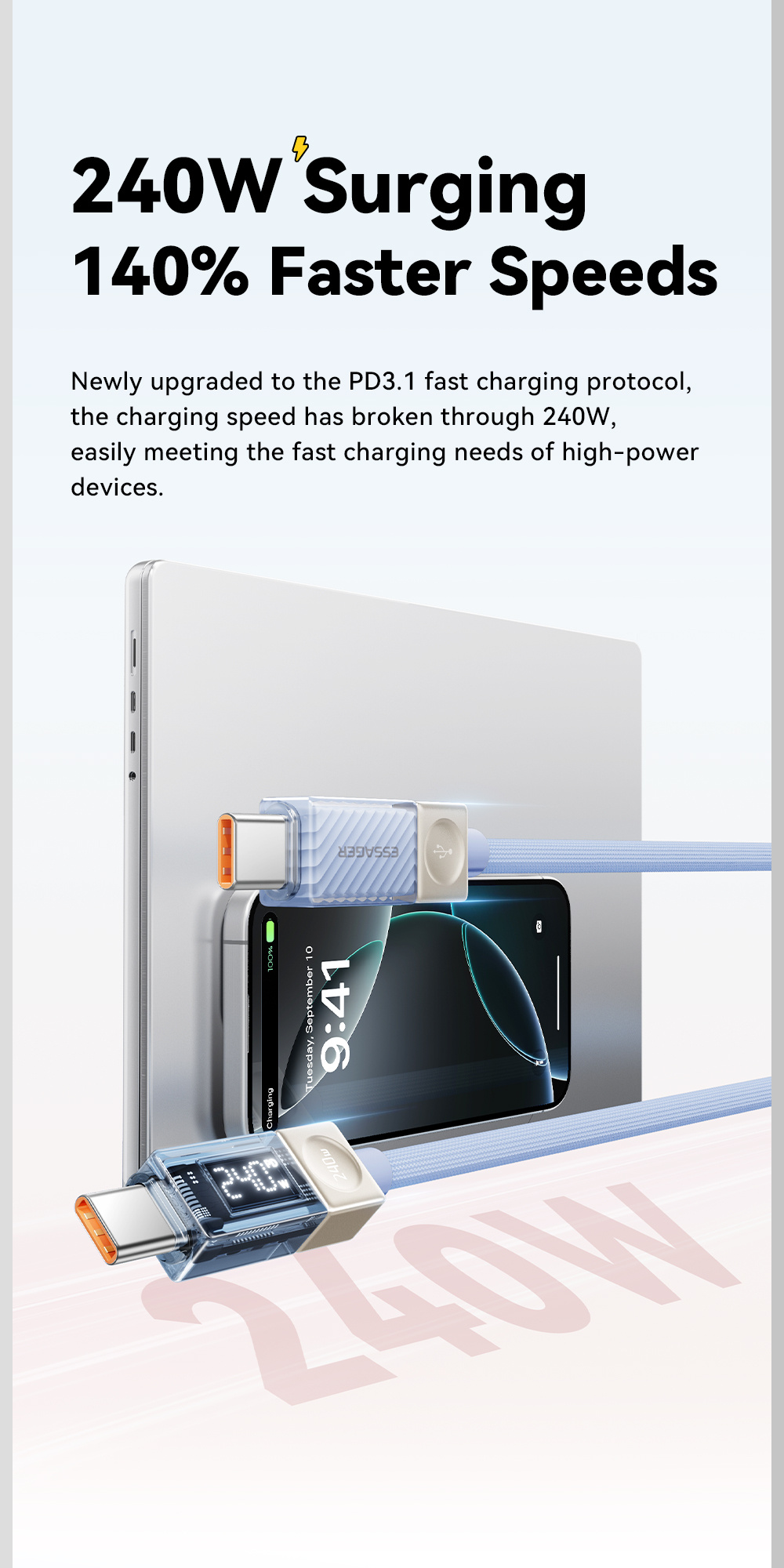 ESSAGER Crystal Clear împletit încărcare și date cablu - USB-C la USB-C - 1 m - roz
