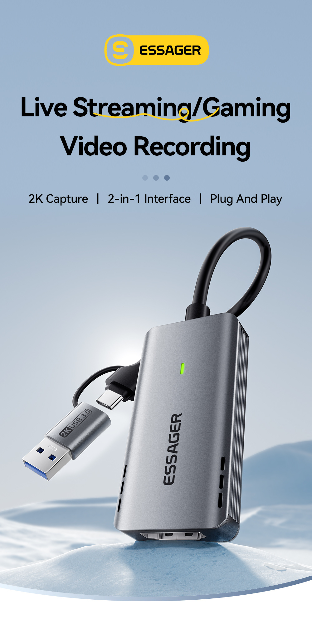 ESSAGER ES-CJK01 adaptor video 2în1 - HDMI la USB-C / USB-A - gri închis