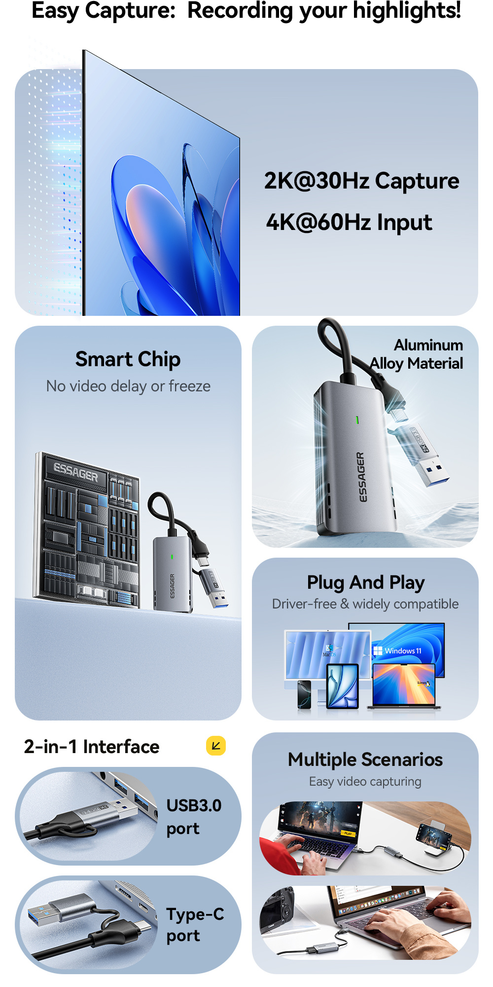 ESSAGER ES-CJK01 adaptor video 2în1 - HDMI la USB-C / USB-A - gri închis