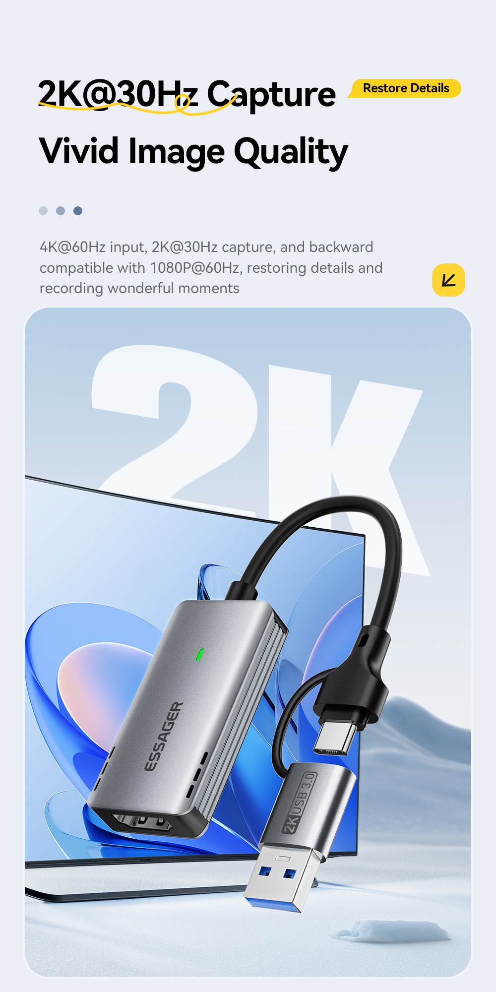 ESSAGER ES-CJK01 adaptor video 2în1 - HDMI la USB-C / USB-A - gri închis