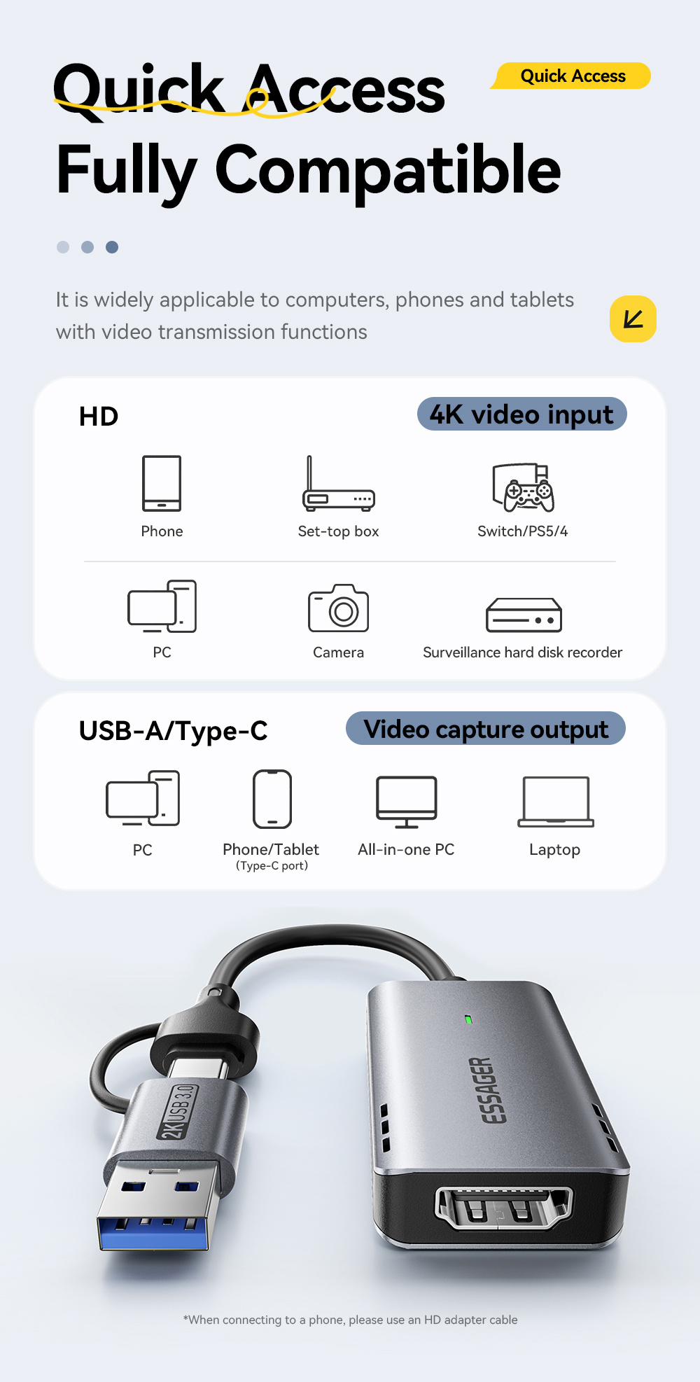 ESSAGER ES-CJK01 adaptor video 2în1 - HDMI la USB-C / USB-A - gri închis