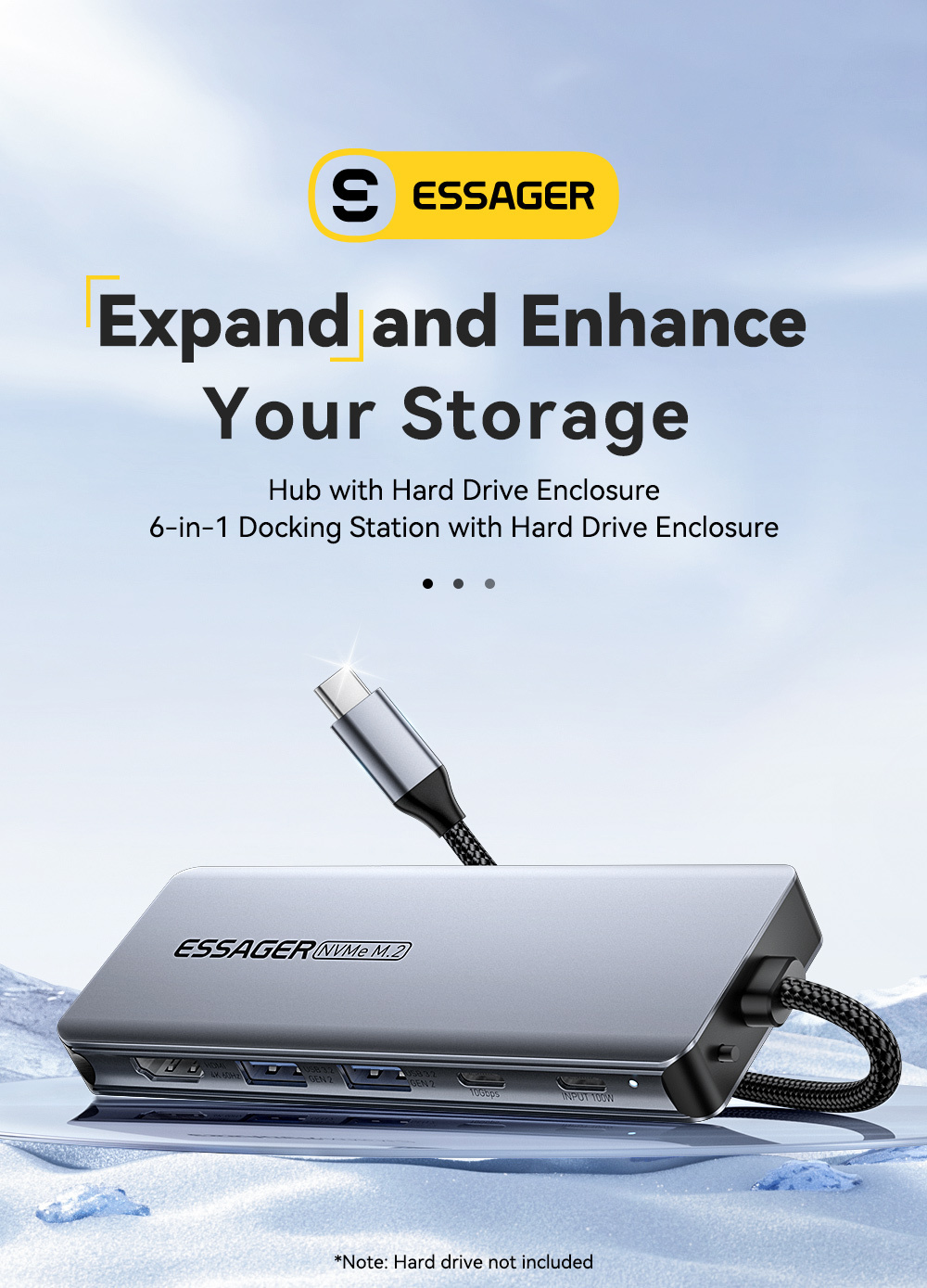 ESSAGER ES-HB01 hub 7în1 - disc SSD / slot pentru card SD / TF / 2x USB-C / 2x USB-A la USB-C - gri închis