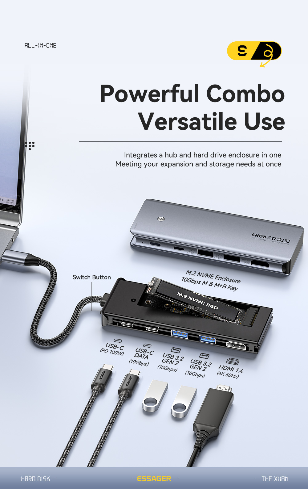 ESSAGER ES-HB01 hub 7în1 - disc SSD / slot pentru card SD / TF / 2x USB-C / 2x USB-A la USB-C - gri închis