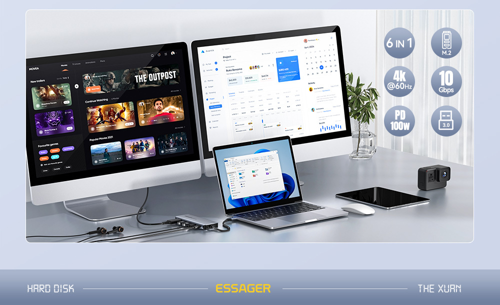 ESSAGER ES-HB01 hub 7în1 - disc SSD / slot pentru card SD / TF / 2x USB-C / 2x USB-A la USB-C - gri închis