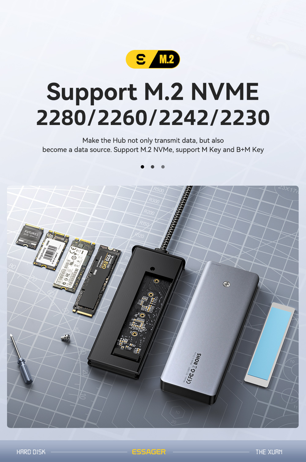 ESSAGER ES-HB01 hub 7în1 - disc SSD / slot pentru card SD / TF / 2x USB-C / 2x USB-A la USB-C - gri închis
