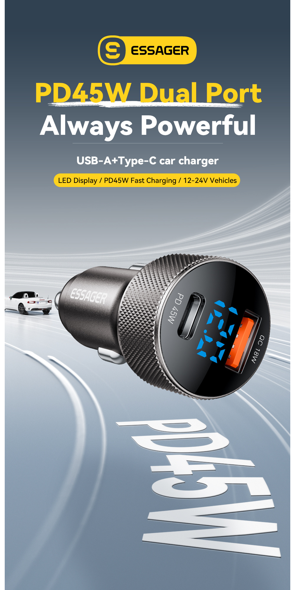 ESSAGER ES-CC21 încărcător auto cu porturi USB-C / USB-A - 45W - negru