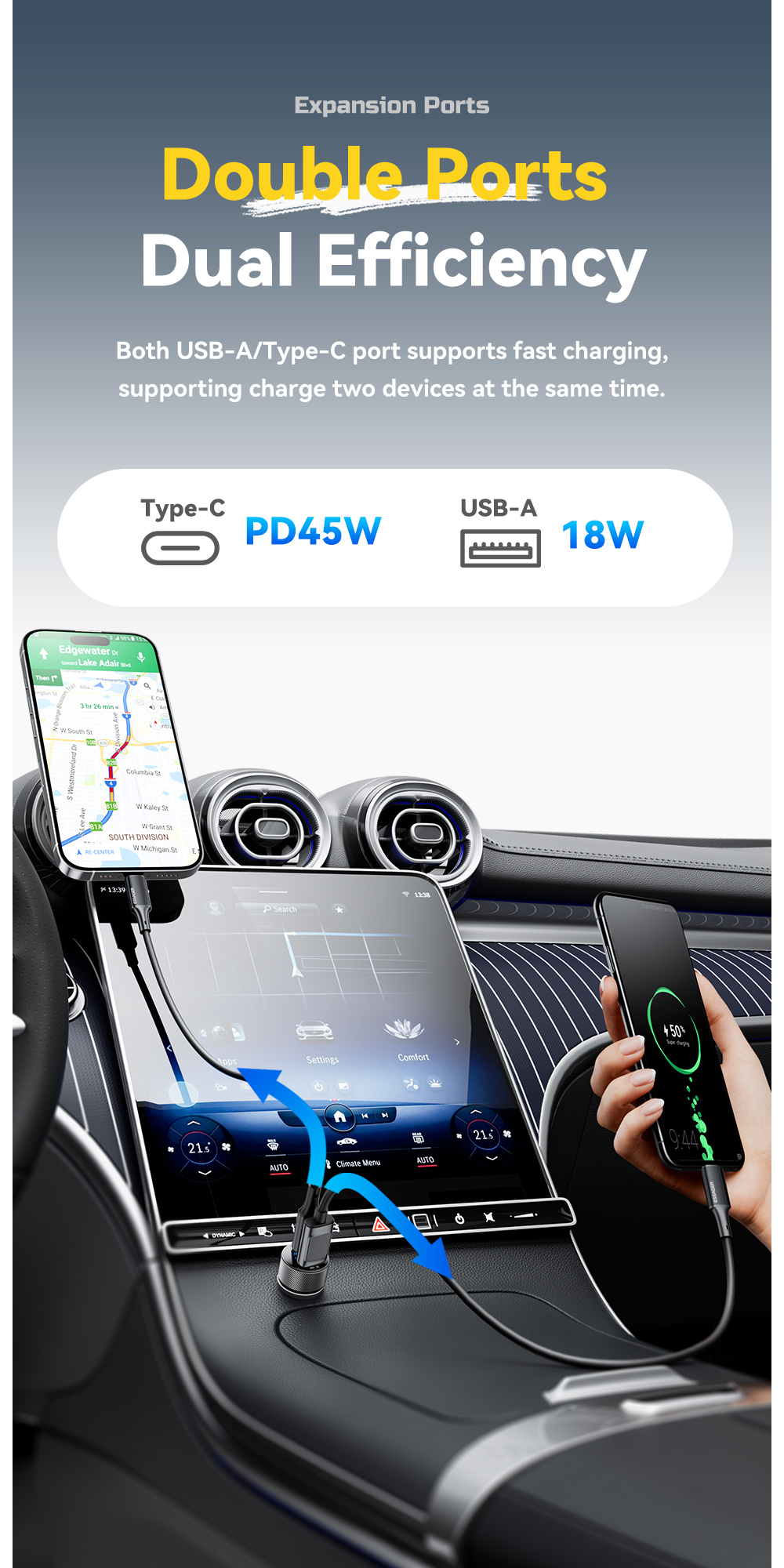 ESSAGER ES-CC21 încărcător auto cu porturi USB-C / USB-A - 45W - negru