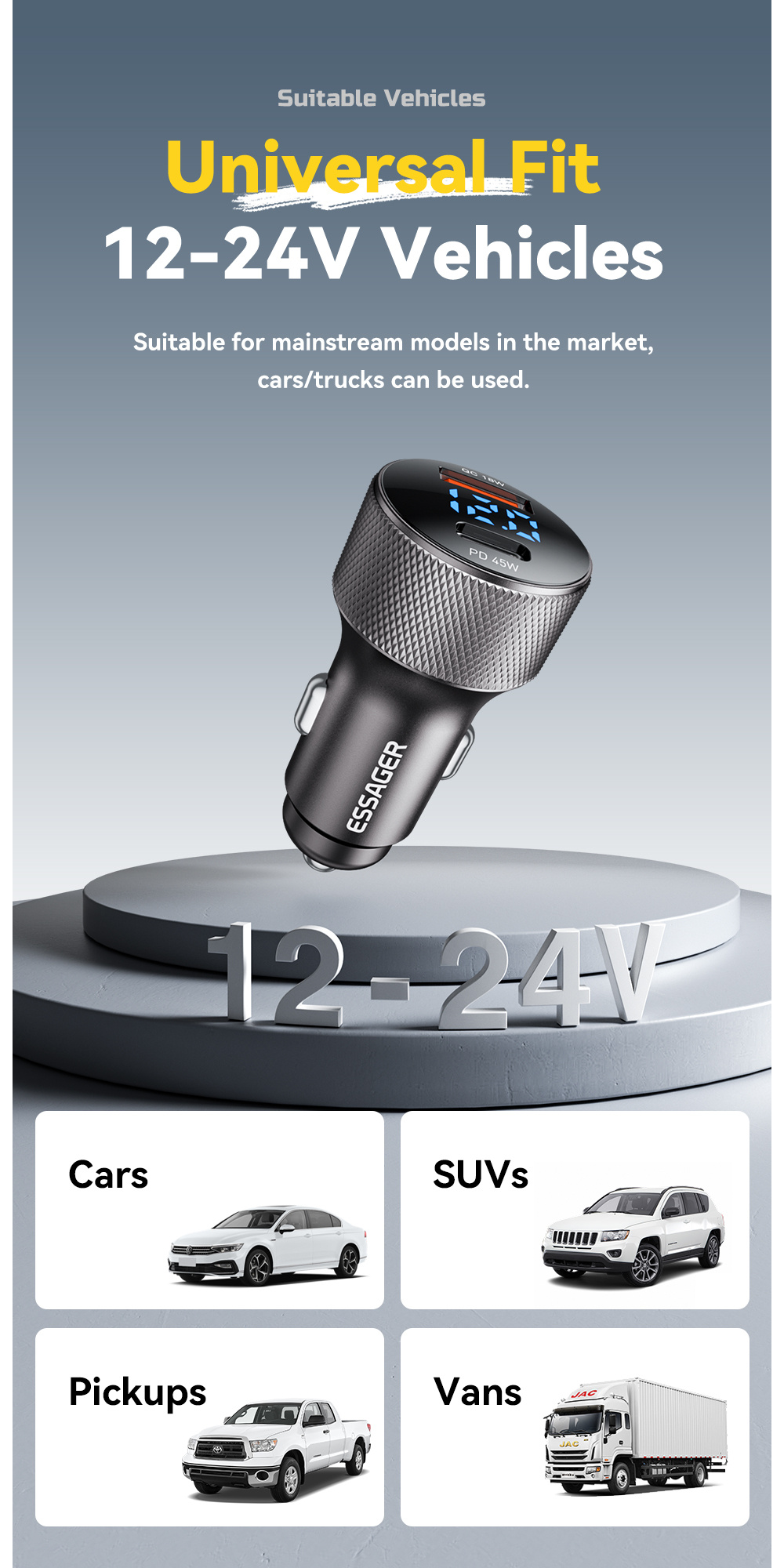 ESSAGER ES-CC21 încărcător auto cu porturi USB-C / USB-A - 45W - negru