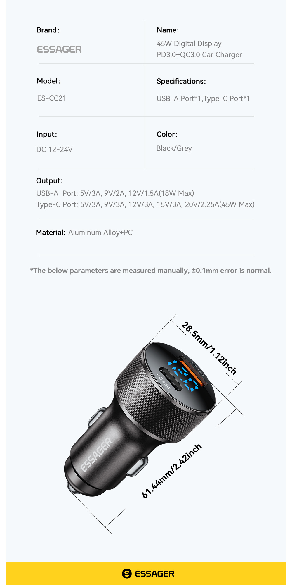 ESSAGER ES-CC21 încărcător auto cu porturi USB-C / USB-A - 45W - negru ESSAGER ES-CC21 încărcător auto cu porturi USB-C / USB-A - 45W - negru