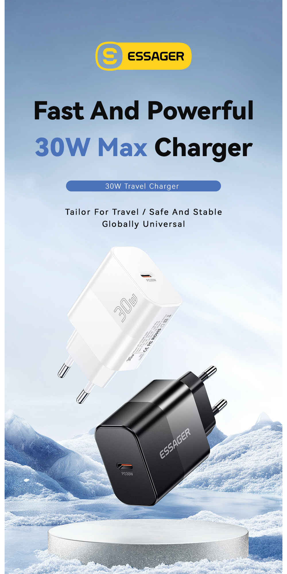 ESSAGER X9 GaN adaptor de încărcare rapidă cu port USB-C - 30W - alb