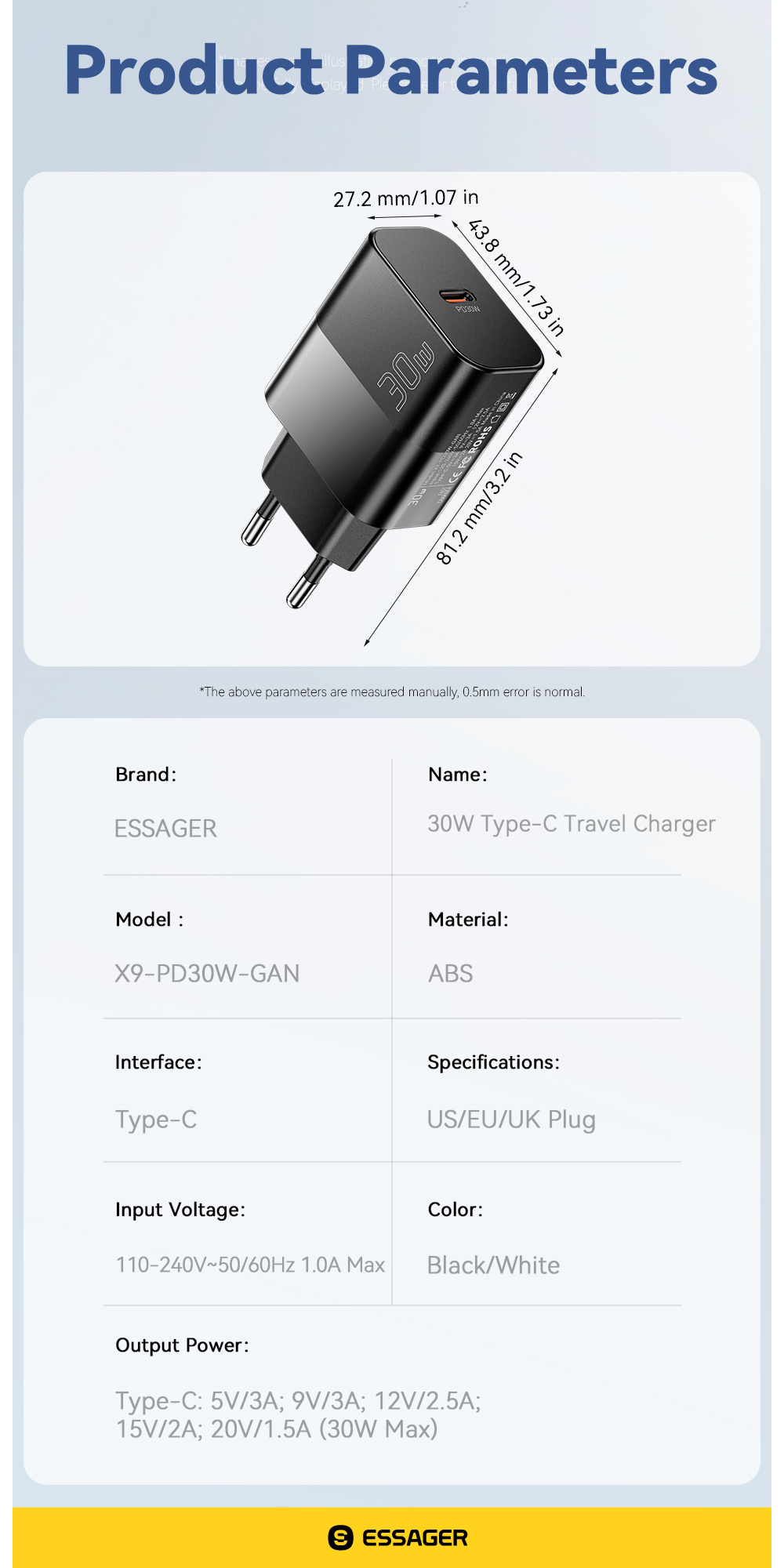 ESSAGER X9 GaN adaptor de încărcare rapidă cu port USB-C - 30W - alb
