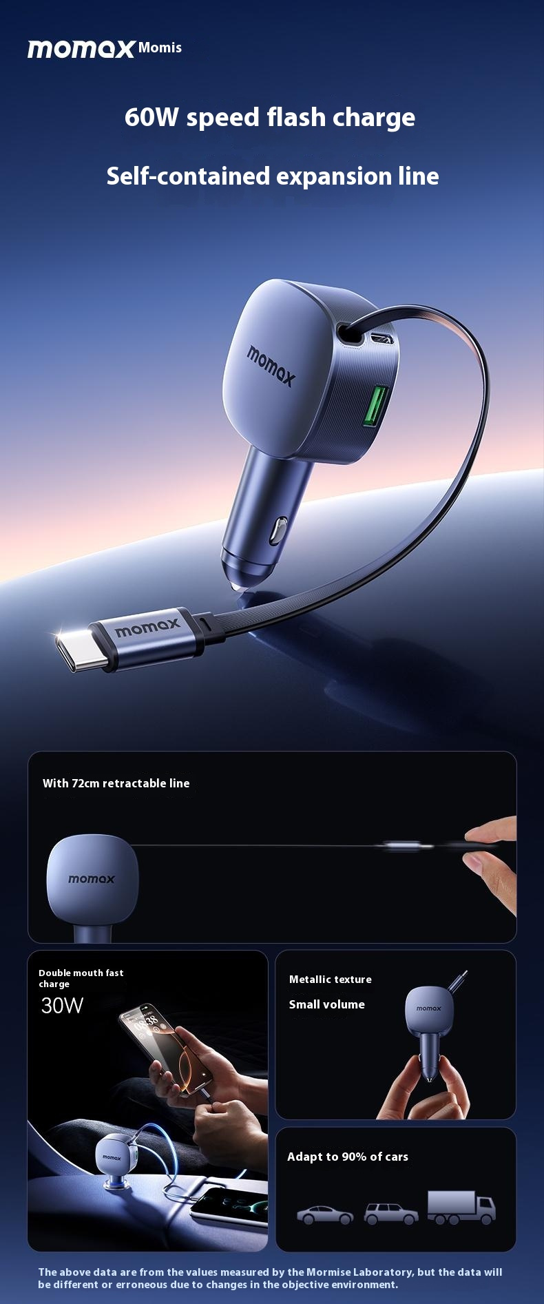 MOMAX UC19 set încărcător auto cu porturi USB-C / USB-A și cablu USB-C retractabil - 60W - 0,72 m - albastru închis