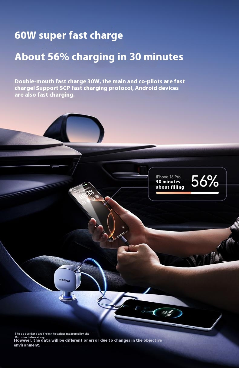 MOMAX UC19 set încărcător auto cu porturi USB-C / USB-A și cablu USB-C retractabil - 60W - 0,72 m - albastru închis