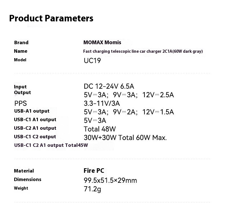 MOMAX UC19 set încărcător auto cu porturi USB-C / USB-A și cablu USB-C retractabil - 60W - 0,72 m - albastru închis