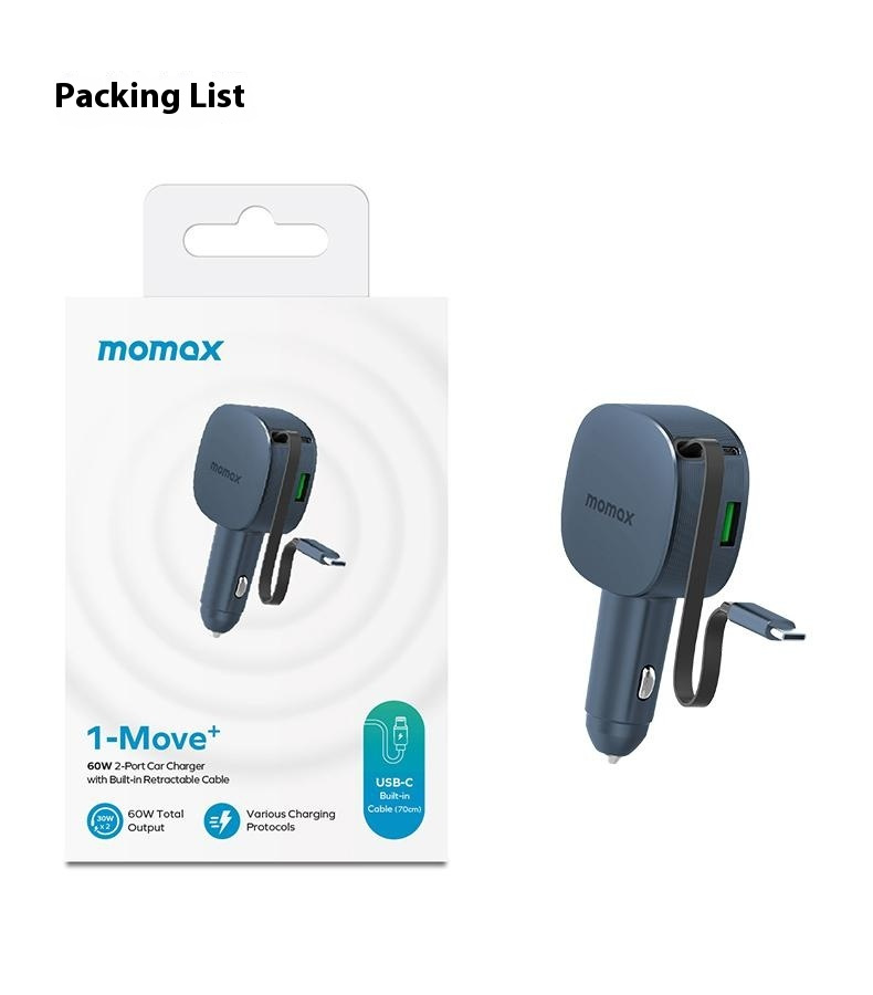 MOMAX UC19 set încărcător auto cu porturi USB-C / USB-A și cablu USB-C retractabil - 60W - 0,72 m - albastru închis MOMAX UC19 set încărcător auto cu porturi USB-C / USB-A și cablu USB-C retractabil - 60W - 0,72 m - albastru închis