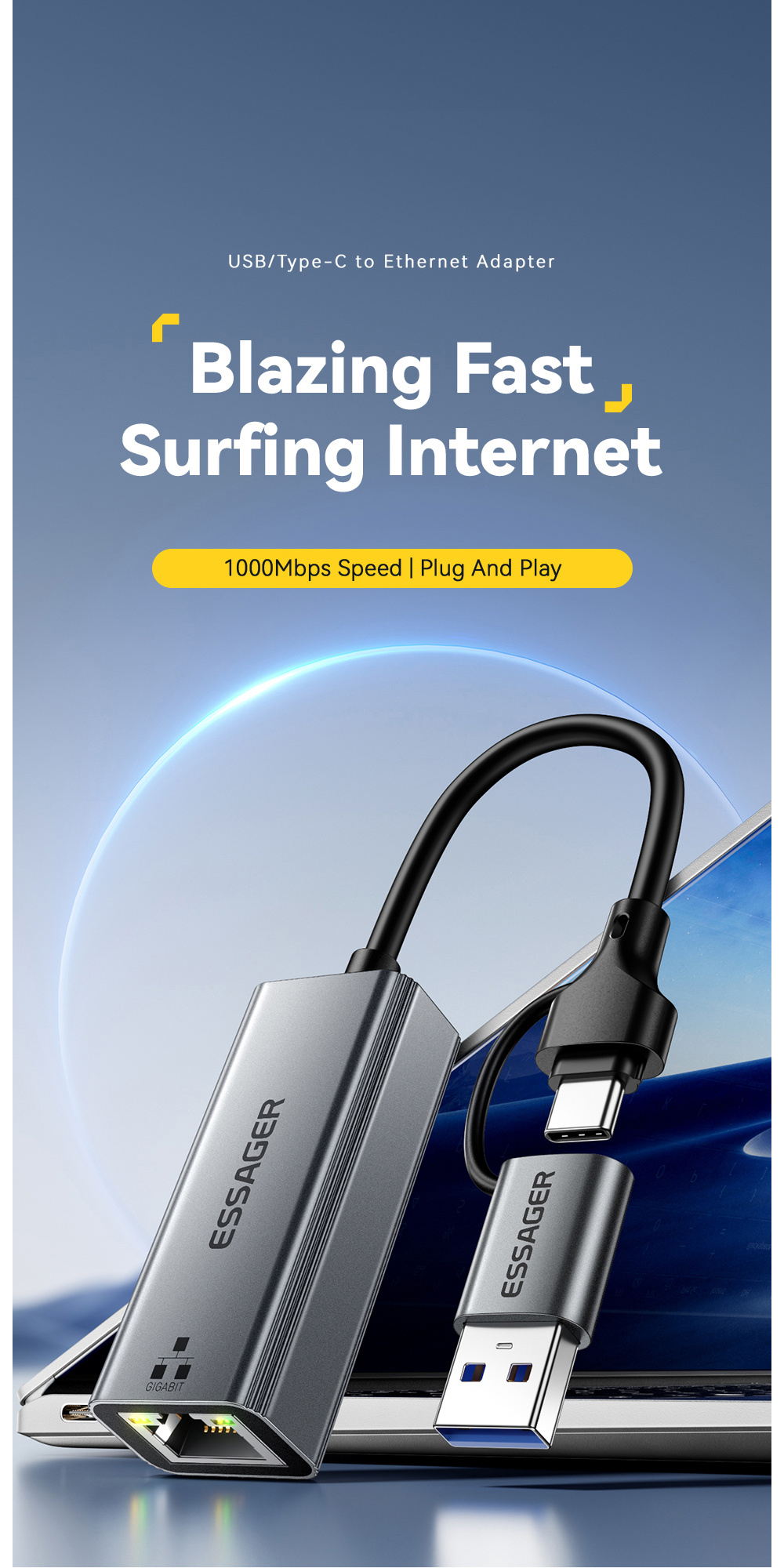 ESSAGER 2în1 adaptor ethernet - RJ45 la USB-C / USB-A - gri