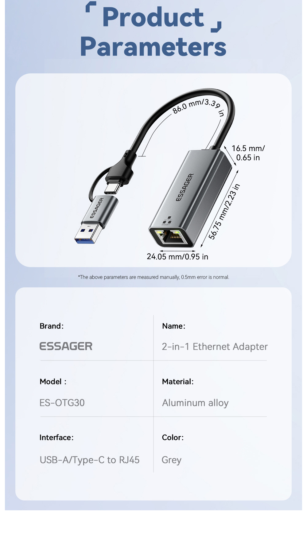 ESSAGER 2în1 adaptor ethernet - RJ45 la USB-C / USB-A - gri