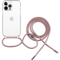Husă transparentă cu șnur FIXED Pure Neck pentru iPhone 13 Pro - roz
