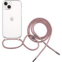 Husă transparentă cu șnur FIXED Pure Neck pentru iPhone 14 - roz