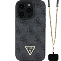 Guess Husă 4G Strass Triangle Metal Logo cu curea pentru iPhone 16 Pro - Gri