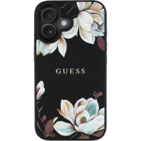 Guess Husă granulată cu model de flori de magnolie și MagSafe pentru iPhone 16 - negru