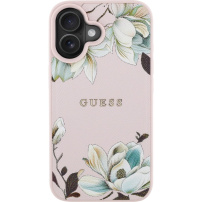 Husă Guess Grained Magnolia cu model floral și MagSafe pentru iPhone 16 - roz