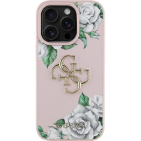 Husă Guess Grained Roses 4G Metal Logo pentru iPhone 16 Pro - roz