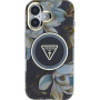 Guess Husă IML Glitter Magnolia și Triangle Logo cu MagSafe pentru iPhone 16 - neagră