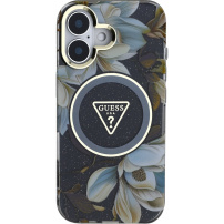 Guess Husă IML Glitter Magnolia și Triangle Logo cu MagSafe pentru iPhone 16 - neagră
