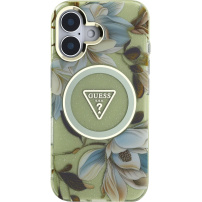 Guess Husă IML Glitter Magnolia și Triangle Logo cu MagSafe pentru iPhone 16 - verde