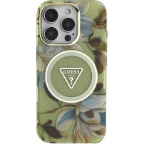 Guess Husă IML Glitter Magnolia și Triangle Logo cu MagSafe pentru iPhone 16 Pro - verde